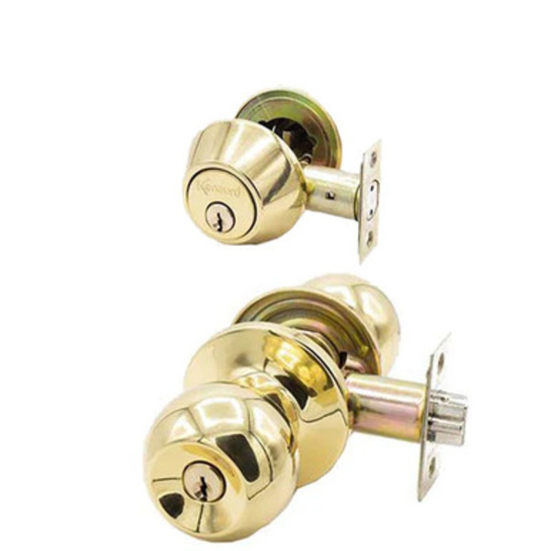 Kenaurd Premium Combo Lockset – Knob & Double Cylinder Deadbolt – Entrance – Polished Brass – Retail Packaging – SC1 – Grade 3